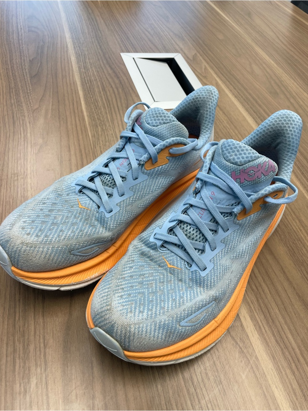 Hoka Clifton 9 Women's Sky Blue and Orange Cushioned Running Shoes size 10B